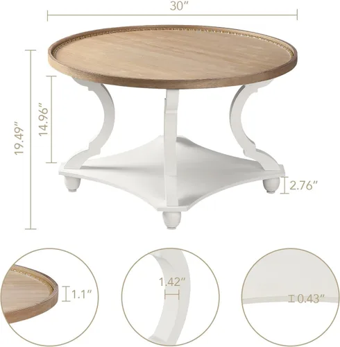 Vista 3 de Wnutrees - Mesa de centro redonda de estilo granja, mesa de café con bandeja de madera y estante de almacenamiento de estilo rústico con acabado