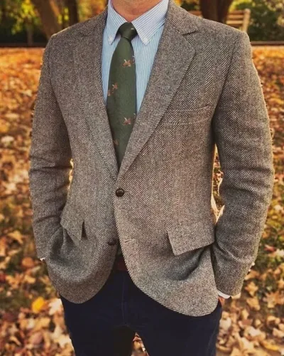 Vista 5 de Chaqueta de tweed de espiga para hombre, chaqueta de traje vintage ligera de 2 botones, abrigo deportivo de negocios
