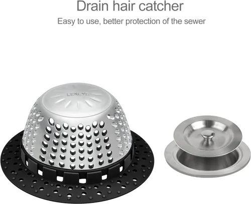 Vista 2 de LEKEYE Captador de pelo para drenaje de ducha/Cubierta de drenaje de bañera/Protector de drenaje para desagües de palanca y normales (Negro)