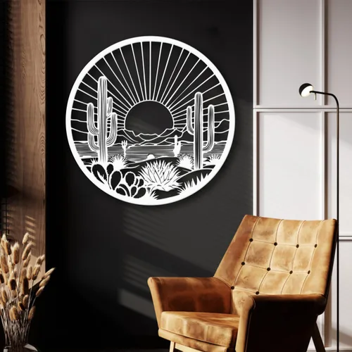Vista 5 de Arte de pared de metal de cactus del desierto, decoración de pared redonda del desierto con diseño de cactus y puesta de sol, arte de pared de metal