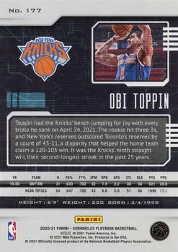 Vista 2 de 2020-21 Panini Chronicles #177 Obi Toppin New York Knicks RC Rookie Card Official NBA Basketball Trading Card in Raw (NM or Better) Condition