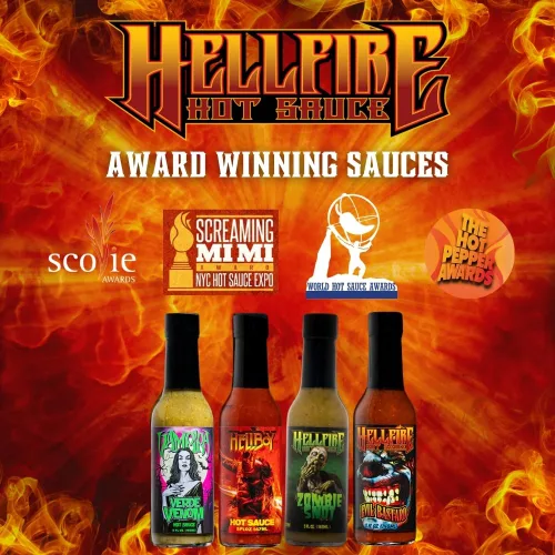 Vista 7 de Hellfire Hot Sauce Paquete de regalo: paquete variado de salsa picante gourmet con 4 sabores aterradores para fiestas o regalos