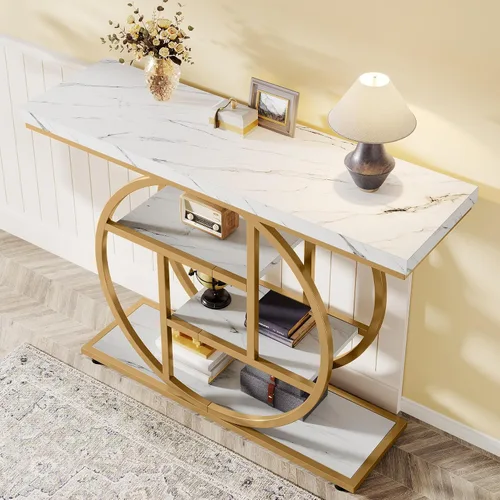 Vista 9 de Tribesigns Mesa de Consola de 41.3 pulgadas, Mesa Industrial de 4 Niveles para Sofá de Entrada con Base Circular, Mesas Decorativas de Madera Oro