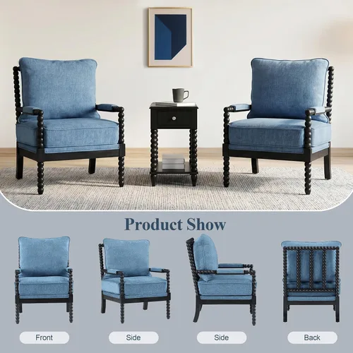 Vista 7 de DUHOME Silla decorativa de tela de lino con marco de madera, sillas de carrete de acento modernas con asiento de resorte acolchado y base azul