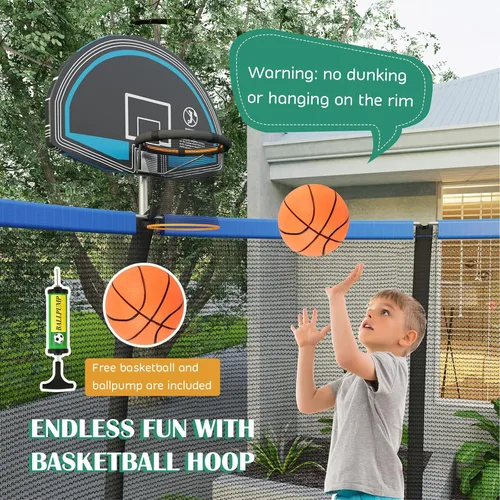 Vista 4 de Giantex Trampolín con aro de baloncesto, 8, 10, 12 pies, aprobado por la ASTM para todo tipo de clima, escalera recreativa al aire libre para niños