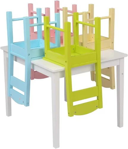 Vista 4 de Juego de mesa y 4 sillas de madera para niños, juegos de mesa de actividades para niños pequeños para dibujar lectura arte sala de juegos, muebles
