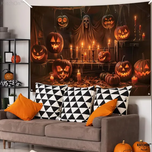 Vista 7 de KatchOn Telón de fondo espeluznante de Halloween de 72 x 44 pulgadas Calabaza café