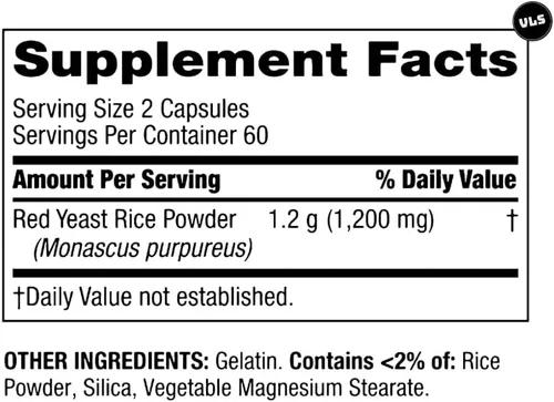 Vista 2 de Spring Valley - Arroz de levadura roja para colesterol Cápsulas de 600 mg 120 unidades + adhesivo VLS