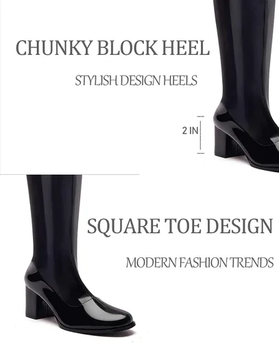 Vista 5 de Coutgo Botas altas Gogo para mujer, punta cuadrada, tacón grueso, charol y cremallera sobre la rodilla