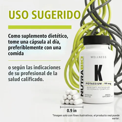 Vista 3 de NutraBio Complejo de potasio, suplemento de potasio para un corazón, huesos, músculos y digestión saludables, 99 mg - 120 cápsulas vegetales