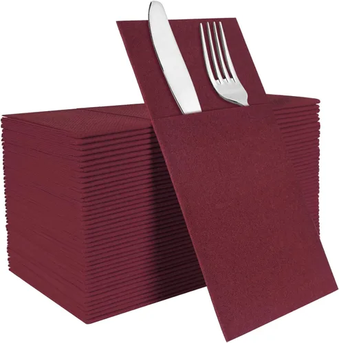 Vista 24 de Servilletas negras desechables con sensación de lino con bolsillo integrado para cubiertos, preplegadas para cuchillos y tenedores, servilletas