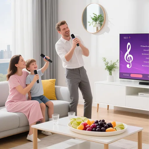 Vista 5 de Micrófono de karaoke para automóvil, micrófono dinámico recargable de mano dual con receptor auxiliar de entrada y salida de 0.138 in, micrófono