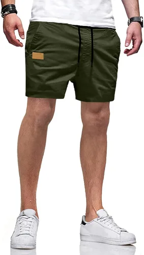 Vista 16 de JMIERR Pantalones cortos casuales de algodón con cordón de verano para la playa de sarga elástica chino golf corto con bolsillos Beige