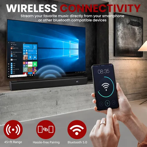 Vista 4 de Pyle Barra de sonido BT inalámbrica Wave Base - Sistema de sonido compacto de cine en casa de mesa con AUX, graves extendidos, estéreo de rango