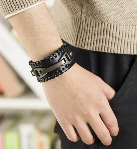 Vista 3 de Hamoery Men Leather Bracelet Punk Braided Rope Alloy Bracelet Bangle Wristband