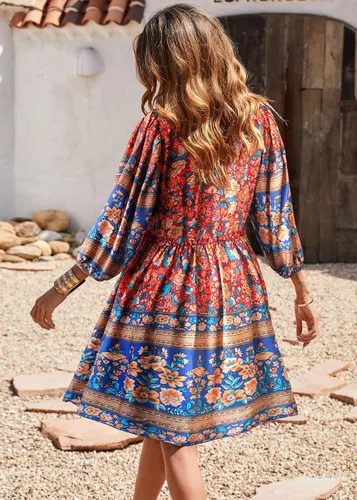 Vista 5 de BTFBM - Vestidos casuales de primavera y verano para mujer, cuello en V, manga larga 34, con volantes, floral, estilo bohemio, mini vestido de playa
