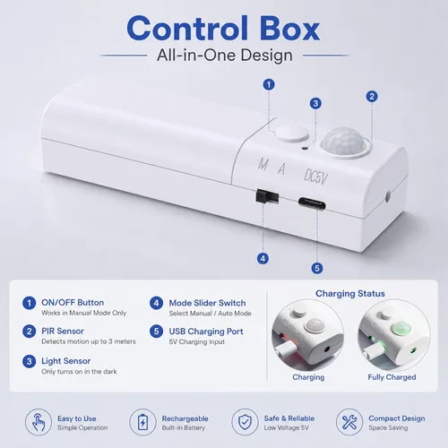 Vista 4 de WOBANE Tira de luz recargable con sensor de movimiento, luces LED para armario, escalera, despensa, armario, cama, casillero, 2700 K, blanco cálido
