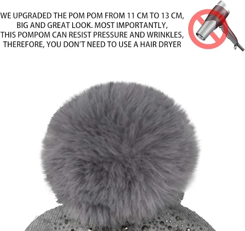 Vista 3 de Gorro de invierno para mujer con pompón de piel sintética cálido suave con diamantes de imitación para mujer