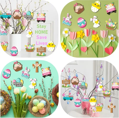 Vista 6 de Marsui 24 adornos de Pascua para árbol, feliz Pascua, adornos colgantes de madera, huevo, conejo, primavera, árbol, gnomo, pollo, rebanadas