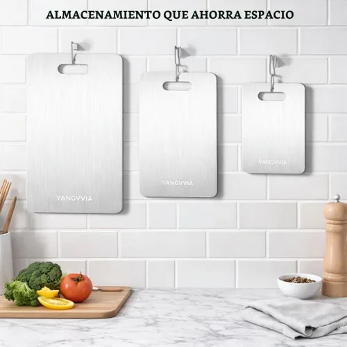 Vista 7 de Juego de 3 tablas de cortar de acero inoxidable de grado alimenticio 316L, tabla de cortar de doble cara para cocina, superficie de trabajo apta