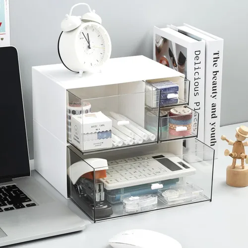 Vista 5 de MILULUGO Organizador de escritorio con 4 cajones, organizador de maquillaje, caja de almacenamiento de escritorio, caja de almacenamiento