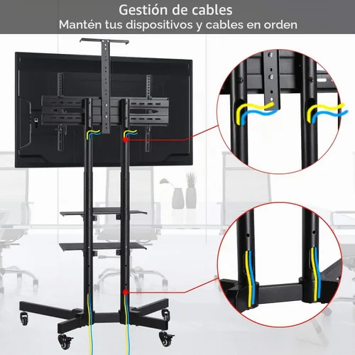 Vista 7 de Yaheetech Soporte de TV móvil, carrito de televisión ajustable con ruedas de bloqueo para pantalla plana de plasma LED LCD 30-60 de hasta 110