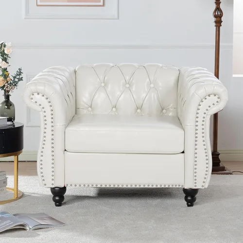 Vista 17 de LEVNARY Sillón Tapizado en Cuero, Silla Sofá Individual Estilo Mediados de Siglo Moderno con Brazos Curvos y Tachuelas, Silla Chesterfield de Cuero