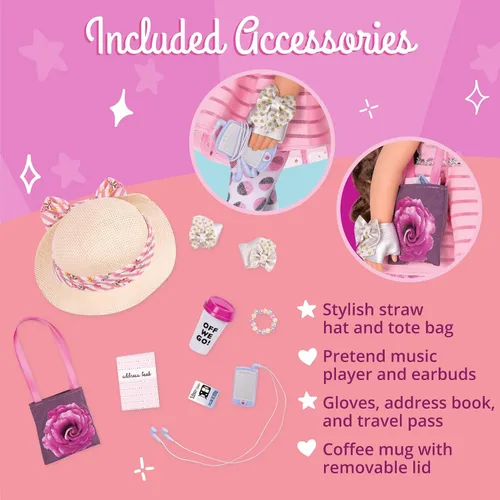 Vista 3 de Glitter Girls - Ropa de muñeca de 14 pulgadas - Juego de monedero y accesorios para llevar - Sombrero floral, reproductor de música, taza de viaje