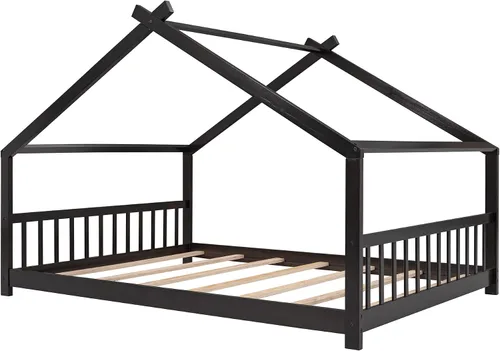 Vista 8 de Bellemave Camas de madera Montessori de madera con cabecero y estribo, no necesita somier (espresso)