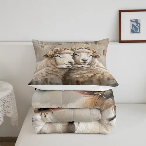 Vista 5 de Juego de edredón estampado de ovejas, juego de ropa de cama vintage de granja para niños, niñas, mujeres, adultos, parejas, ovejas, juego de edredón