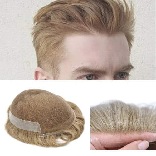 Vista 24 de Tupé de encaje suizo para hombres, piezas de cabello humano real, encaje frontal, sistema de reemplazo de cabello tipo tupé, nudo blanqueado, línea