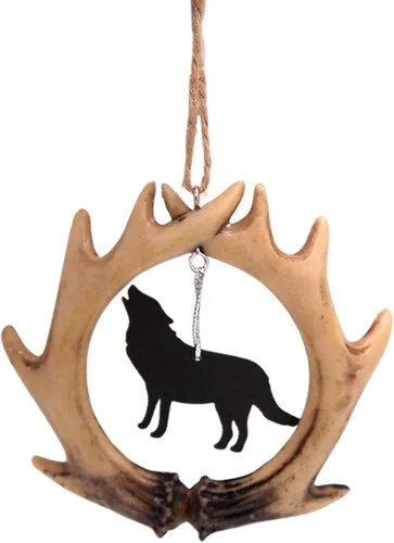 Vista 3 de Adorno de lobo de cuerno, decoración rústica de vacaciones, 3.75 pulgadas