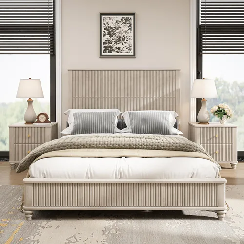 Vista 15 de Conjunto de dormitorio de 4 piezas estilo granja, cama plataforma tamaño queen con 2 mesitas de noche y almacenamiento de 5 cajones, estructura