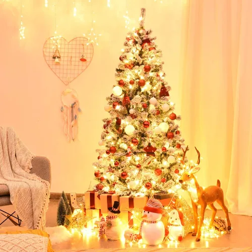 Vista 9 de Nightcore - Árbol de Navidad artificial preiluminado de 6 pies, pino con bisagras flocadas de nieve con 600 puntas de ramas y 250 luces LED, base