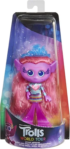 Vista 2 de Trolls DreamWorks World Tour - Muñeca de sirena con vestido extraíble y accesorio de tiara, juguete de muñeca de moda para niñas