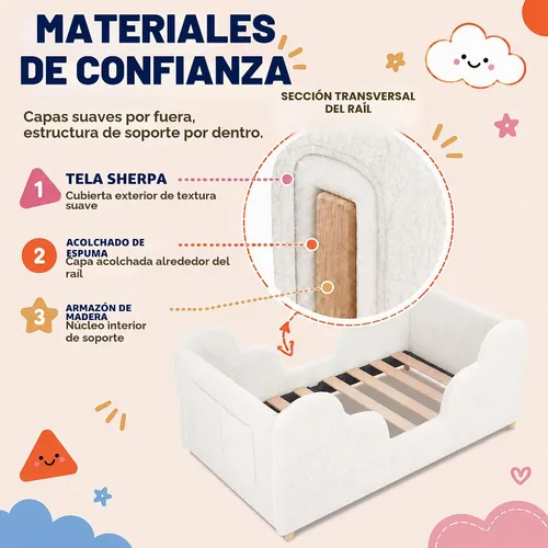 Vista 5 de Cama de suelo para niños pequeños, cama Montessori suave con rieles extraíbles
