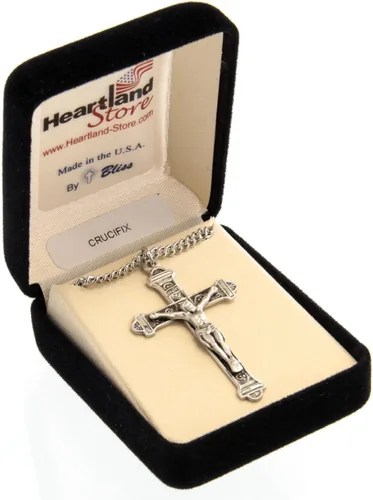 Vista 2 de Heartland - Colgante de plata de ley con crucifijo para hombre con detalles de plata antigua, bordes de barra transversal + caja de regalo de cadena