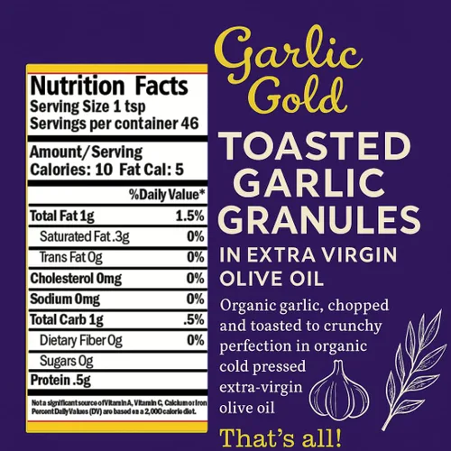 Vista 2 de Garlic Gold Gránulos de ajo tostado orgánico en aceite de oliva virgen extra, ajo crujiente en aceite de oliva, tarro de vidrio de 6.4 oz