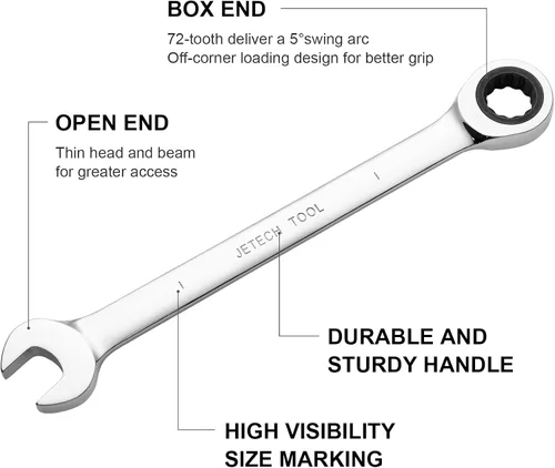 Vista 2 de Jetech Llave combinada de trinquete de 1 pulgada, SAE, engranaje de 72 dientes, grado industrial, extremo de caja de 12 puntos, acero Cr-V forjado