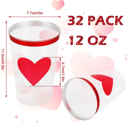 Vista 2 de Whaline Paquete de 32 vasos de plástico transparente para el día de San Valentín, vasos de plástico transparente de 12 onzas con borde rojo