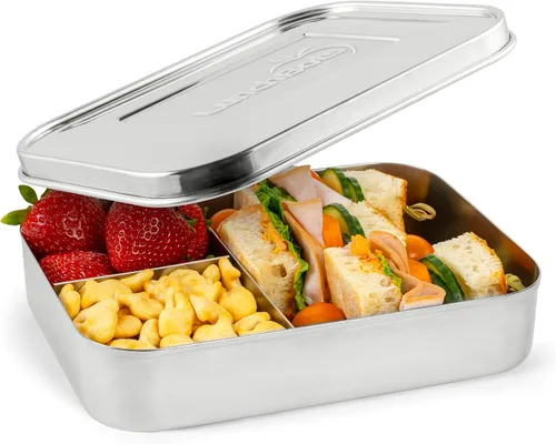 Vista 15 de LunchBots Recipiente de Almuerzo Grande Trio de Acero Inoxidable - Diseño de Tres Secciones para Sándwich y Dos Acompañamientos - Caja de Almuerzo