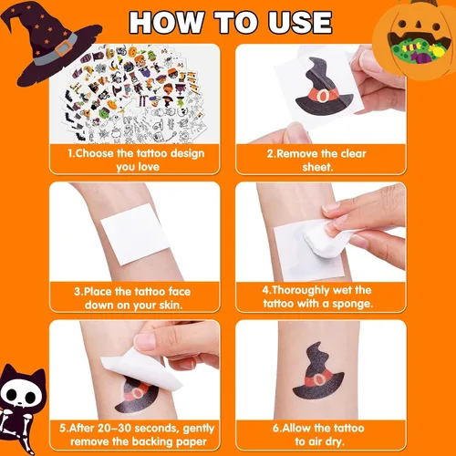 Vista 4 de 600 tatuajes temporales de Halloween para niños, varios colores y que brillan en la oscuridad, calcomanías de tatuajes para fiestas de Halloween