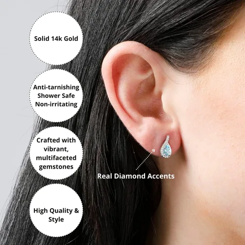 Vista 3 de 14k Yellow or White Gold Gemstone Pear Shape Drop Stud Earrings for Women with Teardrop Natural Diamonds and Push Backs 6mm x 4mm Birthstone by MAX
