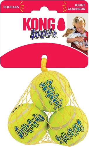 Vista 4 de KONG - Pelota Squeakair - Juguete para perros, pelota de tenis premium con suave chasquido, suave para los dientes (Pequeño (paquete de 6))