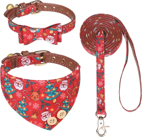 Vista 33 de EXPAWLORER Juego de collar y correa para cachorros, collar clásico a cuadros para perros pequeños con corbatín, bonito juego de collar y correa