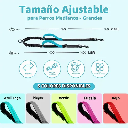 Vista 2 de Correa doble para perro, divisor sin enredos para dos perros, acoplador con cuerda de plomo larga ajustable, asas de control dual, elástico Azul