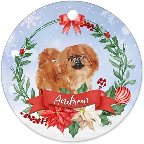 Vista 3 de Adorno personalizado con nombre de perro, adorno de Navidad de cerámica personalizado para perro, colgante redondo para árbol de bolas, recuerdo
