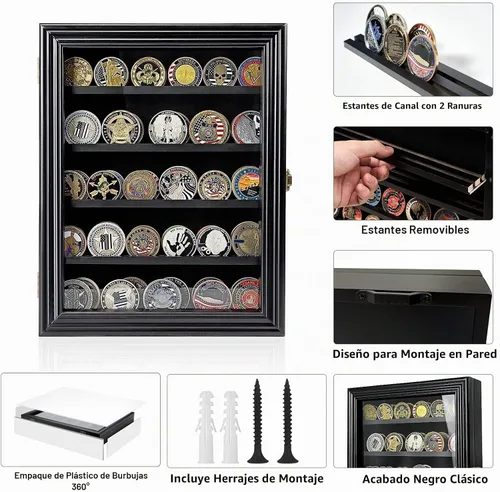 Vista 2 de ASmileIndeep - Expositor de monedas de desafío militar con estuche de vidrio templado HD y montaje en pared, soporte de monedas de madera con Negro