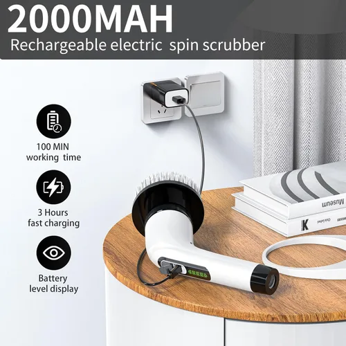 Vista 5 de Limpiador eléctrico inalámbrico giratorio – IPX7 impermeable, pantalla LCD, 8 cabezales de cepillo, mango de extensión ajustable, para ducha