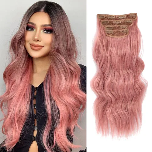 Vista 9 de Extensiones de cabello ondulado largo con clip, 4 piezas de extensiones de cabello sintético grueso con clip, para mujer (#4)